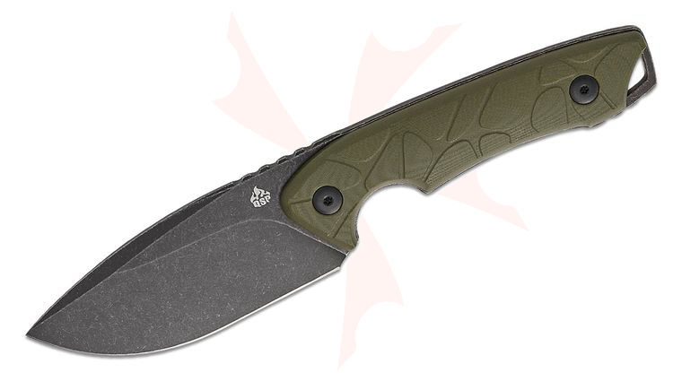 QSP Knives Tiny TOT Fixed Blade Knife 3.5 inch 10Cr15MoV Black Stonewashed Drop Point Blade, OD Green G10 Handles, Kydex Sheath
