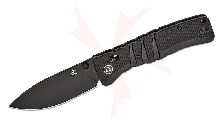 QSP Knives Keanu Alfaro Ripley Glyde/Crossbar Lock Folding Knife 3.5 inch 14C28N Black Drop Point Blade, Milled Black G10 Handles