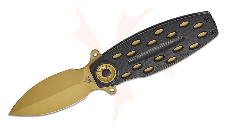 QSP Knives Beetle Liner Lock Flipper Knife 2.95 inch 14C28N Bronze Single-Edge Spear Point Blade, Black G10 Handles with Bronze Liners