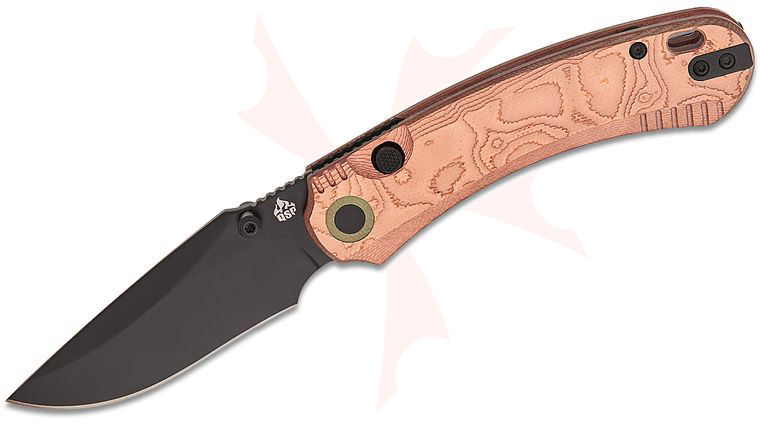 QSP Knives Coyote Button Lock Folding Knife 3.23 inch Nitro-V Black Clip Point Blade, Copper Foil G10 Handles, Glow-in-the-Dark Pivot Collar