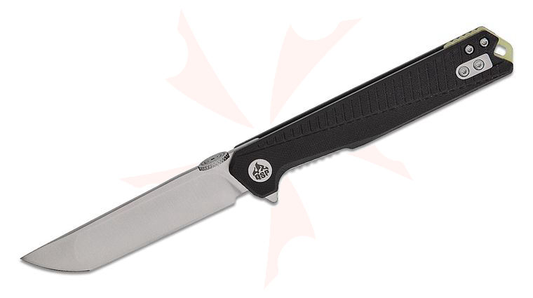 QSP Knives Mantis Liner Lock Flipper Knife 3.42 inch Nitro-V Satin Modified Tanto Blade, Black G10 Handles, Glow-in-the-Dark G10 Backspacer