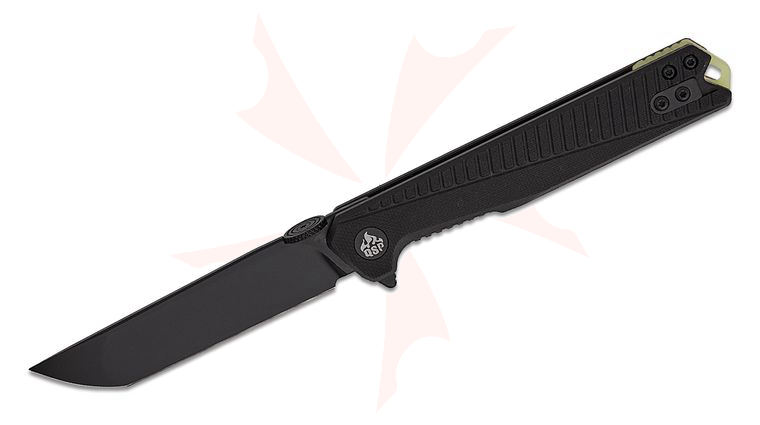 QSP Knives Mantis Liner Lock Flipper Knife 3.42 inch Nitro-V Black Modified Tanto Blade, Black G10 Handles, Glow-in-the-Dark G10 Backspacer