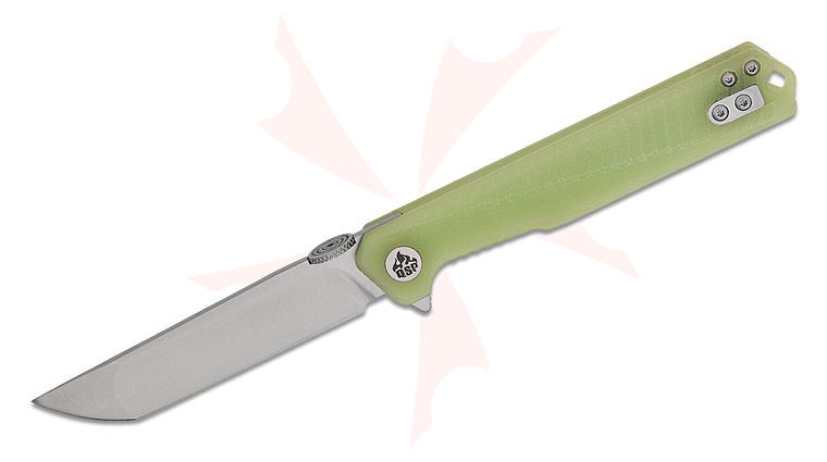 QSP Knives Mantis Liner Lock Flipper Knife 3.42 inch Nitro-V Satin Modified Tanto Blade, Natural (Jade) Glow-in-the-Dark G10 Handles and Backspacer