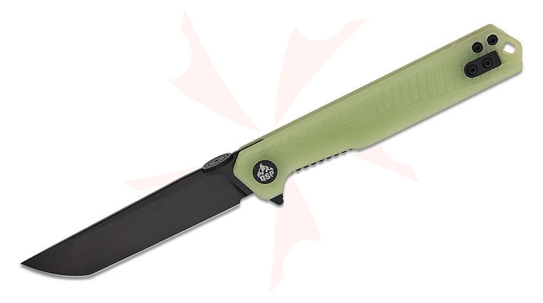 QSP Knives Mantis Liner Lock Flipper Knife 3.42 inch Nitro-V Black Modified Tanto Blade, Natural (Jade) Glow-in-the-Dark G10 Handles and Backspacer