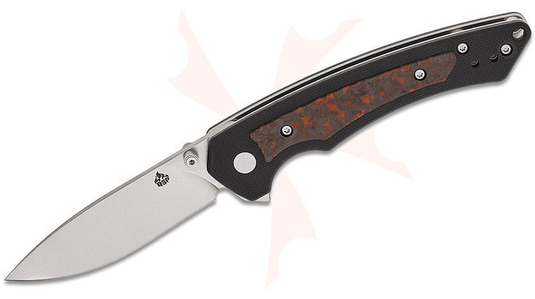 QSP Knives Peregrine Liner Lock Flipper Knife 2.95 inch 10Cr15MoV Stonewashed Drop Point Blade, Black G10 Handles with Glow-in-the-Dark Orange Shredded Carbon Fiber Inlays