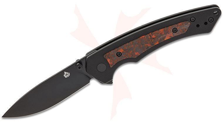 QSP Knives Peregrine Liner Lock Flipper Knife 2.95 inch 10Cr15MoV Black Drop Point Blade, Black G10 Handles with Glow-in-the-Dark Orange Shredded Carbon Fiber Inlays