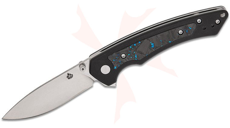 QSP Knives Peregrine Liner Lock Flipper Knife 2.95 inch 10Cr15MoV Stonewashed Drop Point Blade, Black G10 Handles with Blue Shredded Carbon Fiber Inlays