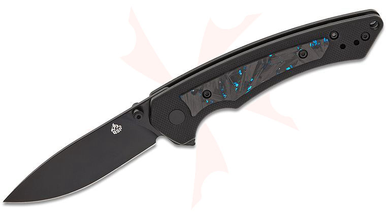 QSP Knives Peregrine Liner Lock Flipper Knife 2.95 inch 10Cr15MoV Black Drop Point Blade, Black G10 Handles with Blue Shredded Carbon Fiber Inlays