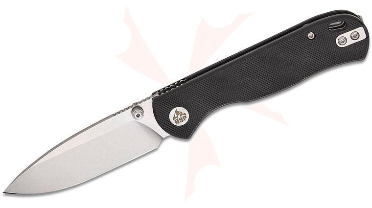 QSP Knives Ferret Liner Lock Folding Knife 3 inch Nitro-V Polished Stonewashed Drop Point Blade, Black G10 Handles