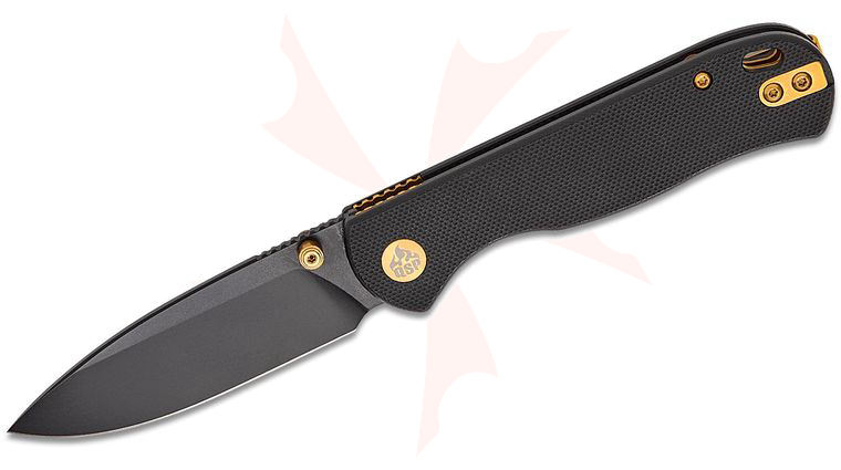 QSP Knives Ferret Liner Lock Folding Knife 3 inch Nitro-V Black Drop Point Blade, Black G10 Handles with Gold Hardware
