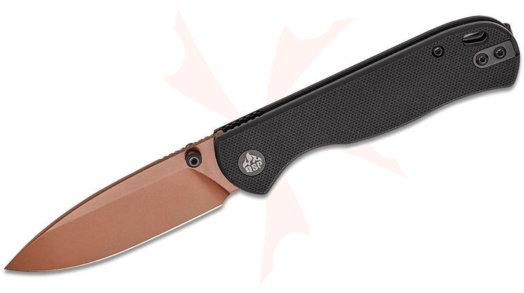 QSP Knives Ferret Liner Lock Folding Knife 3 inch Nitro-V Rose Gold Drop Point Blade, Black G10 Handles
