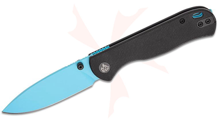 QSP Knives Ferret Liner Lock Folding Knife 3 inch Nitro-V Sky Blue Drop Point Blade, Black G10 Handles