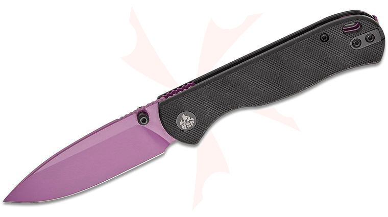 QSP Knives Ferret Liner Lock Folding Knife 3 inch Nitro-V Purple Drop Point Blade, Black G10 Handles