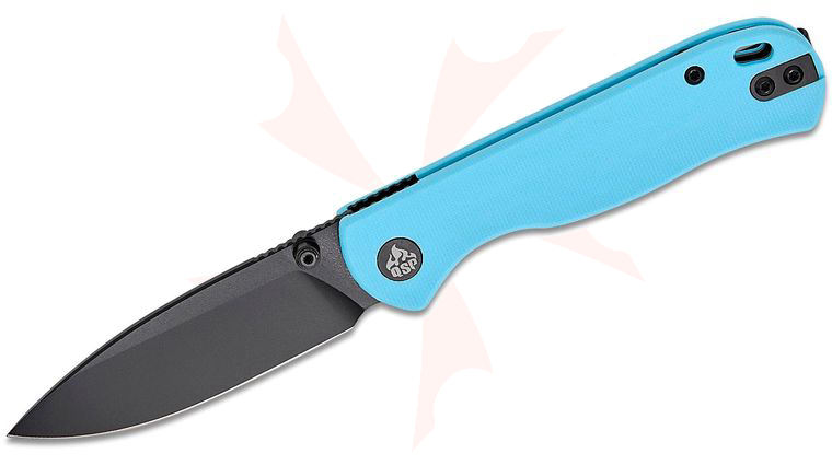 QSP Knives Ferret Liner Lock Folding Knife 3 inch Nitro-V Black Drop Point Blade, Sky Blue G10 Handles