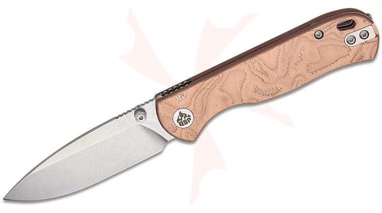 QSP Knives Ferret Liner Lock Folding Knife 3 inch Nitro-V Stonewashed Drop Point Blade, Copper Foil G10 Handles