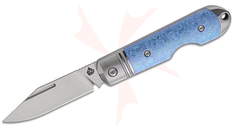 QSP Knives Moray Limited Edition Slipjoint Folding Knife 2.67 inch Vanax Satin Clip Point Blade, Blue Crystallized Titanium Handles