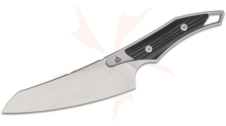 QSP Knives T-Cook Fixed Blade Knife 5.3 inch Nitro-V Stonewashed Sheepsfoot Blade, Black G10 Handles, Kydex Sheath