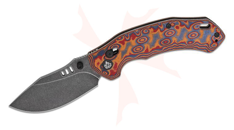QSP Knives Elk Glyde/Crossbar Lock Folding Knife 3.11 inch 14C28N Black Stonewashed Clip Point Blade, Red/Orange Colorful Micarta Handles
