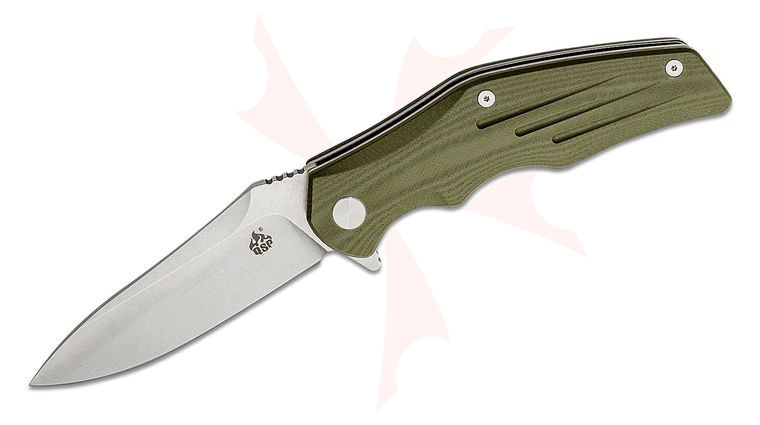 QSP Knives Pangolin Flipper Knife 3.75 inch D2 Stonewash Drop Point Blade, OD Green G10 Handles