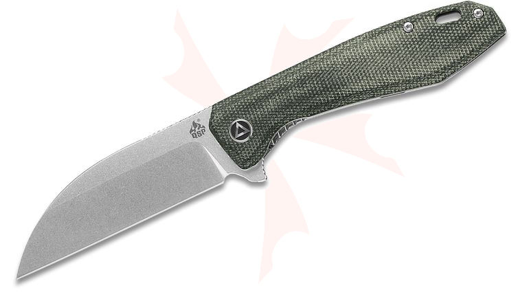 QSP Knives Pelican Flipper Knife 3.63 inch CPM-S35VN Stonewashed Wharncliffe Blade, Green Linen Micarta Handles