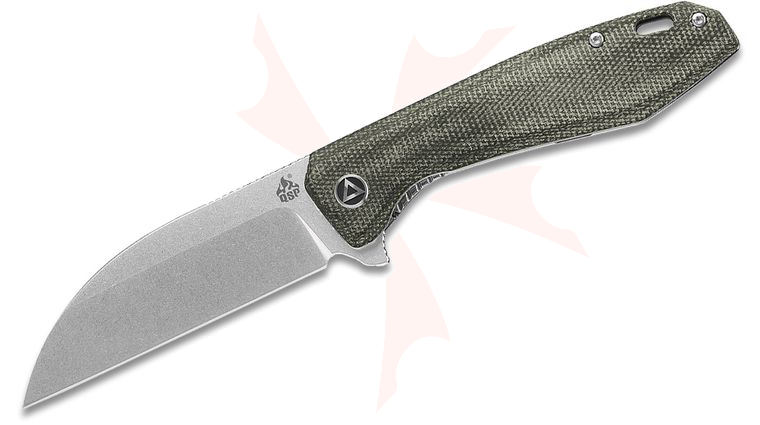 QSP Knives Pelican Flipper Knife 3.63 inch CPM-S35VN Two-Tone Satin Wharncliffe Blade, Green Linen Micarta Handles