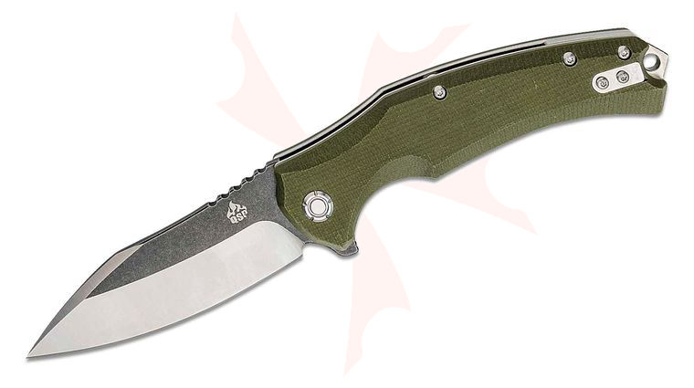QSP Knives Snipe Flipper Knife 3.54 inch D2 Two-Tone Sheepsfoot Blade, Green G10 Handles