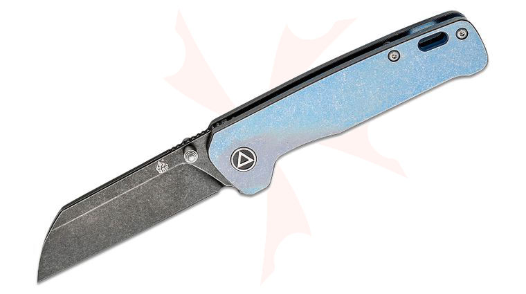 QSP Knives Penguin Folding Knife 3.06 inch 154CM Black Stonewashed Sheepsfoot Blade, Stonewashed Blue Titanium Handles
