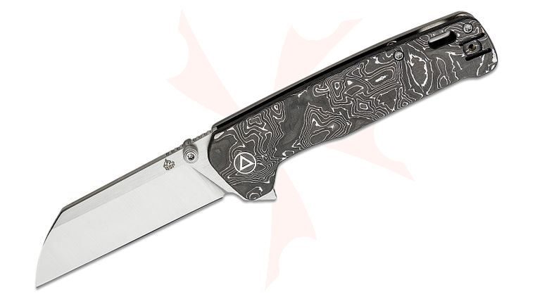 QSP Knives Penguin Plus Flipper Knife 3.375 inch CPM-20CV Two-Tone Satin Sheepsfoot Blade, Aluminum Foil Carbon Fiber and Bead Blasted Titanium Handles