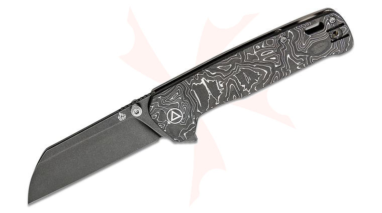 QSP Knives Penguin Plus Flipper Knife 3.375 inch CPM-20CV Black Stonewashed Sheepsfoot Blade, Aluminum Foil Carbon Fiber and Bead Blasted Titanium Handles