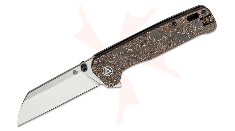 QSP Knives Penguin Plus Flipper Knife 3.375 inch CPM-20CV Two-Tone Satin Sheepsfoot Blade, Copper Foil Carbon Fiber and Black Stonewashed Titanium Handles