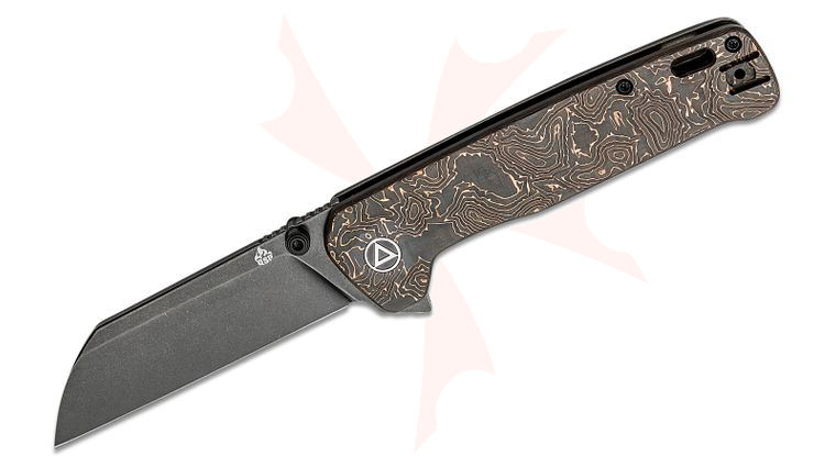 QSP Knives Penguin Plus Flipper Knife 3.375 inch CPM-20CV Black Stonewashed Sheepsfoot Blade, Copper Foil Carbon Fiber and Black Stonewashed Titanium Handles