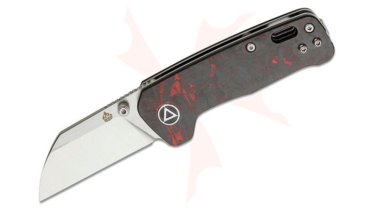 QSP Knives Penguin Mini Folding Knife 2.25 inch 14C28N Two-Tone Satin Sheepsfoot Blade, Red Shredded Carbon Fiber Handles