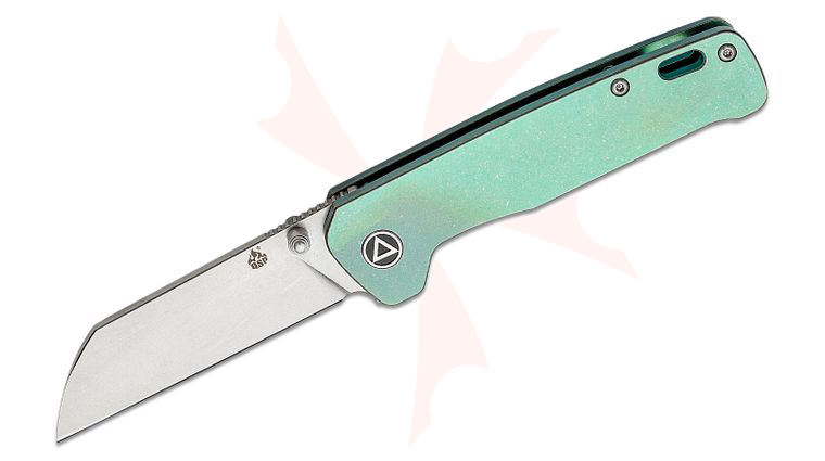 QSP Knives Penguin Folding Knife 3.06 inch 154CM Stonewashed Sheepsfoot Blade, Stonewashed Green Titanium Handles
