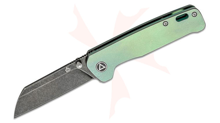 QSP Knives Penguin Folding Knife 3.06 inch 154CM Black Stonewashed Sheepsfoot Blade, Stonewashed Green Titanium Handles