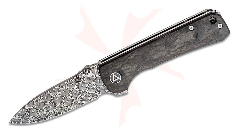 QSP Knives Hawk Flipper Knife 3.25 inch Raindrop Damascus Drop Point Blade, Shredded Carbon Fiber Handles