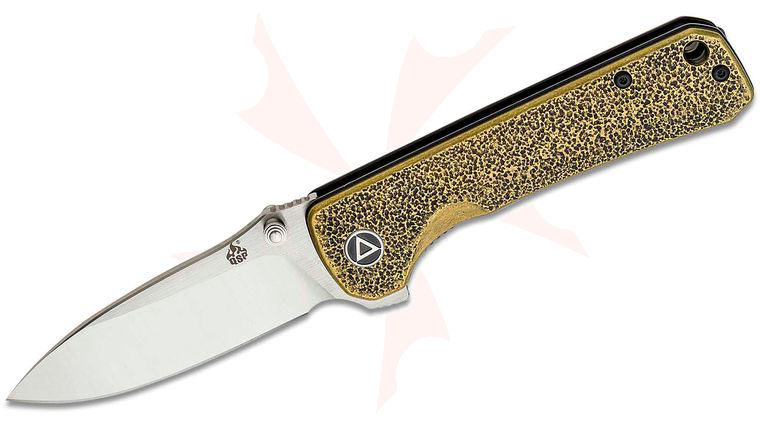 QSP Knives Hawk Flipper Knife 3.25 inch Sandvik 14C28N Satin Drop Point Blade, Orange Peel Brass Handles