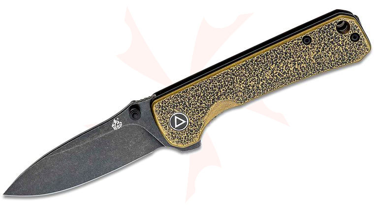 QSP Knives Hawk Flipper Knife 3.25 inch Sandvik 14C28N Black Stonewash Drop Point Blade, Orange Peel Brass Handles