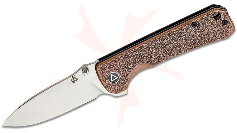 QSP Knives Hawk Flipper Knife 3.25 inch Sandvik 14C28N Satin Drop Point Blade, Orange Peel Copper Handles