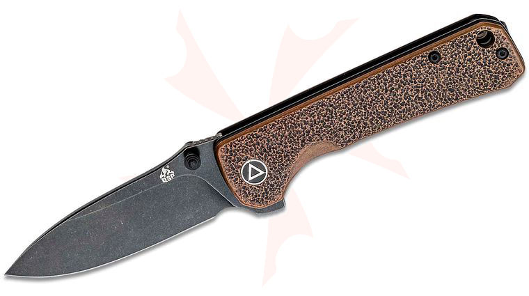 QSP Knives Hawk Flipper Knife 3.25 inch Sandvik 14C28N Black Stonewashed Drop Point Blade, Orange Peel Copper Handles