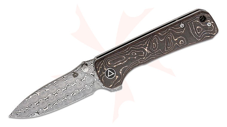 QSP Knives Hawk Flipper Knife 3.25 inch Raindrop Damascus Drop Point Blade, Copper Foil Carbon Fiber Handles