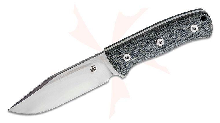 QSP Knives Bison V2 Fixed Blade Knife 4.5 inch D2 Satin Clip Point, Denim Jean Micarta Handles, Kydex Sheath