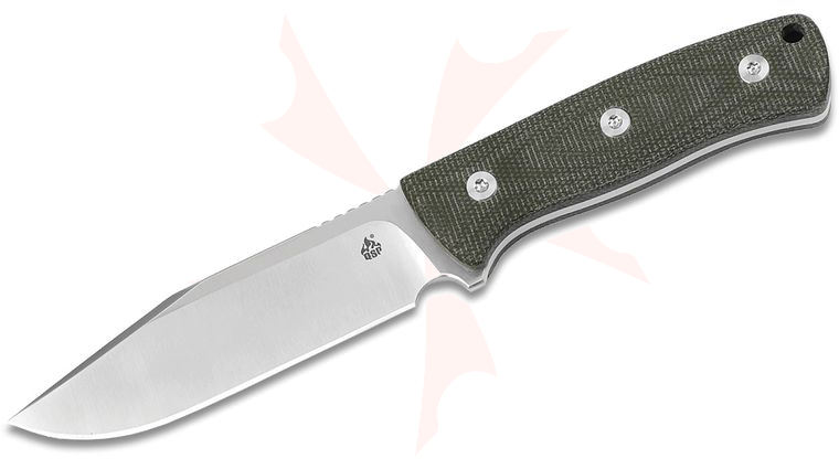 QSP Knives Bison V2 Fixed Blade Knife 4.5 inch D2 Satin Clip Point, Green Linen Micarta Handles, Kydex Sheath