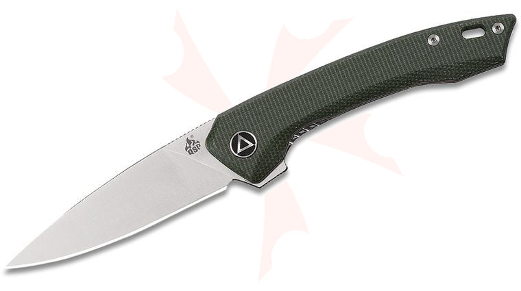 QSP Knives Leopard Flipper Knife 3 inch 14C28N Satin Spear Point Blade, Green Linen Micarta Handles