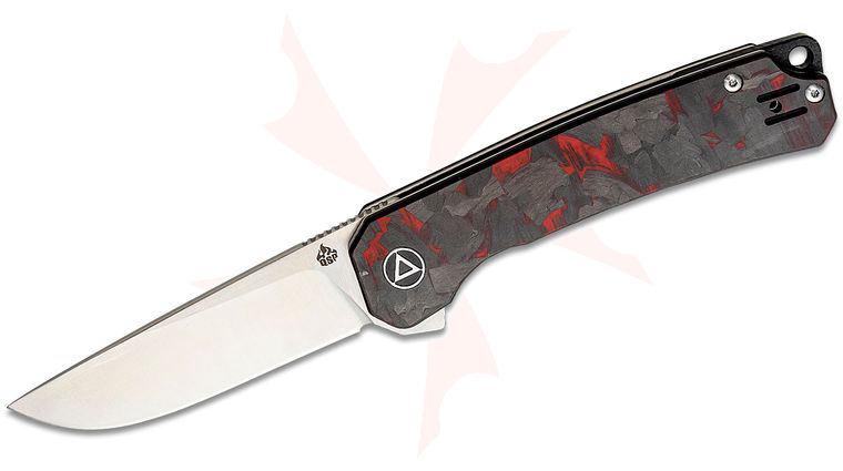 QSP Knives Osprey Flipper Knife 3.25 inch 14C28N Satin Drop Point Blade, Shredded Carbon Fiber and Red G10 Handles