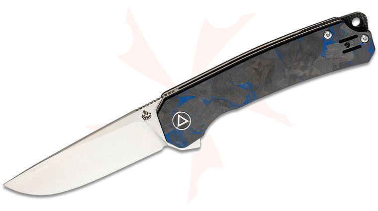 QSP Knives Osprey Flipper Knife 3.25 inch 14C28N Satin Drop Point Blade, Shredded Carbon Fiber and Blue G10 Handles