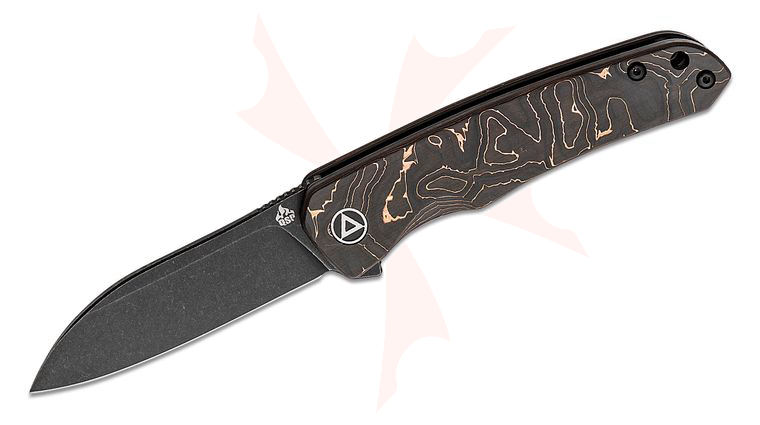 QSP Knives Otter Flipper Knife 2.70 inch CPM-S35VN Black Stonewashed Modified Sheepsfoot Blade, Copper Foil Carbon Fiber Handles