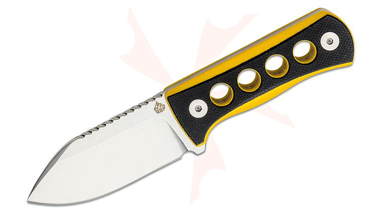 QSP Knives Canary Neck Knife 2.5 inch 14C28N Stonewashed Drop Point Blade, Black and Yellow G10 Handles, Kydex Neck Sheath