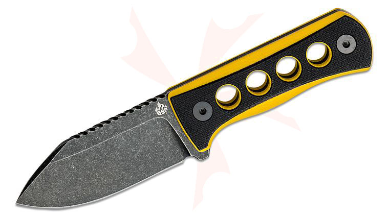 QSP Knives Canary Neck Knife 2.5 inch 14C28N Black Stonewashed Drop Point Blade, Black and Yellow G10 Handles, Kydex Neck Sheath