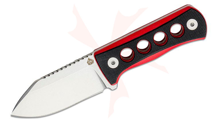QSP Knives Canary Neck Knife 2.5 inch 14C28N Stonewashed Drop Point Blade, Black and Red G10 Handles, Kydex Neck Sheath