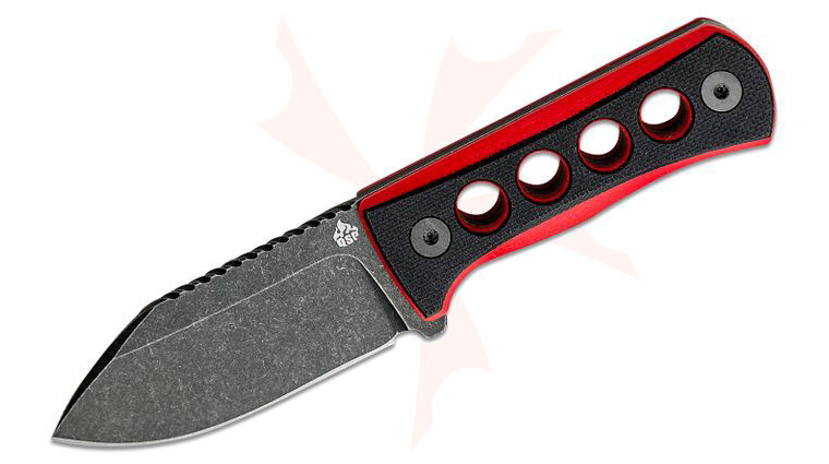 QSP Knives Canary Neck Knife 2.5 inch 14C28N Black Stonewashed Drop Point Blade, Black and Red G10 Handles, Kydex Neck Sheath